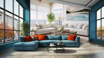 Cozy and elegant living room with coastal decor, white sofa, wooden coffee table, and ocean view Wall mural