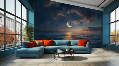 Crescent moon shining over dark sky with stars and lanterns, Ramadan celebration concept Wall mural