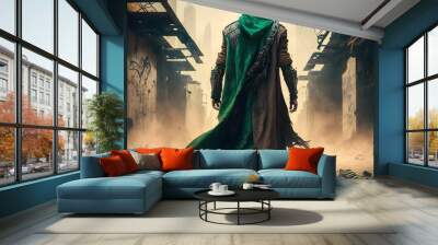 dark gritty, post apocalyptic western, a gunslinger in a worn malachite trench coat walks a deserted street, cybernetic arm, wallpaper, illustration of a person in a background, Generative AI	 Wall mural