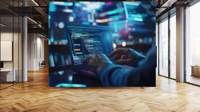 Dedicated programmer engaging in software development with java script code on laptop screen, embracing iot and digital technology innovations Wall mural