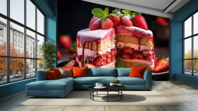 Delicious slice of homemade strawberry sponge cake with fresh berries and whipped cream on a white plate Wall mural