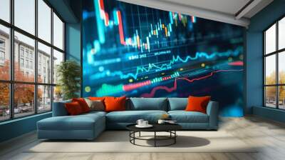 Detailed analysis display: investment trading metrics and trends on stock market graph chart with indicators - Financial monitoring close-up view Wall mural