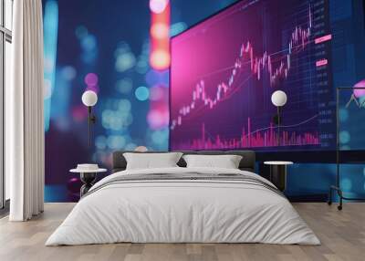 Detailed financial analysis: high-resolution computer monitor showcasing dynamic stock market graphs and trends Wall mural