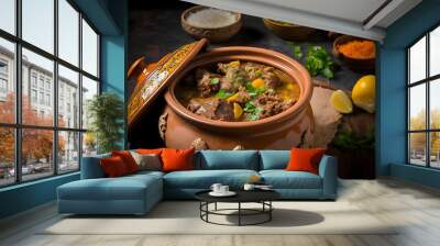 dum handi mutton biryani or gosht pilaf is prepared in an earthen or clay pot called haandi or 1 kilo size. popular indian non vegetarian food Wall mural