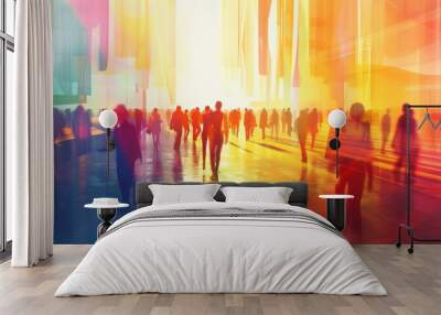 Dynamic business environment with fast-paced changes and abstract concepts, illustrating modern corporate growth and evolving trends. Wall mural