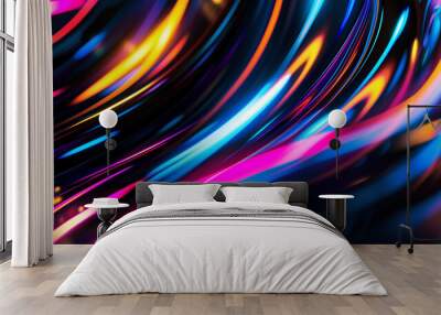 Fast motion neon blue colorful stripes on black background, prism effect, dark bright tech backdrop, distorted macro photography. Wall mural