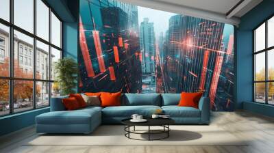 Financial growth and real estate investment concept with stock market charts and data overlaid on modern city skyscrapers, double exposure Wall mural