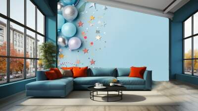 Flat lay decoration party pastel blue background top view - happy birthday concept - balloons background, Generative AI Wall mural