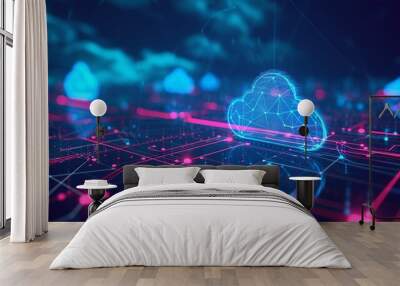 Futuristic network of cloud computing and blockchain technology - A vibrant 3d polygonal illustration depicting the interconnected world of digital currency and modern tech Wall mural