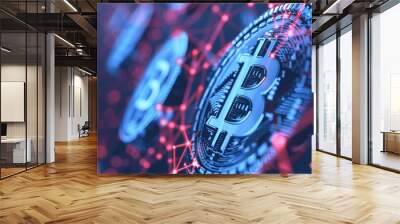 Global digital blockchain network with flowing information and binary code data cells - 3D illustration of distributed ledger and data exchange Wall mural