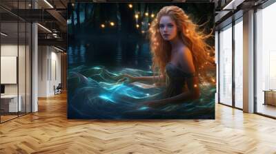 Glowing fantasy fairy with long wavy hair by the lake in neon-lit forest - nighttime enchantment Wall mural