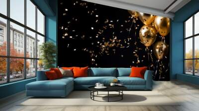 Gold balloons and confetti on black background for festive occasions Wall mural