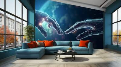 hands of robot and human touching on global virtual network connection future interface, hand of the person with the planet, Generative AI Wall mural