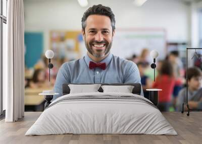 Happy male educator teaching in a classroom with diverse elementary school students Wall mural