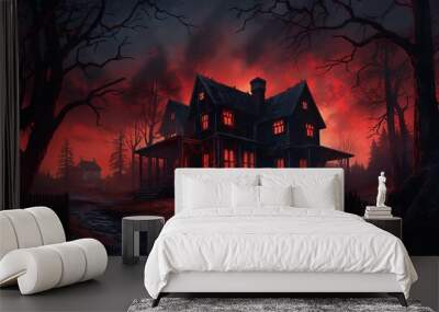 haunted house in the woods, murder mystery story with a dark house at night, the windows have a red glow to them and the creepy darkness extends to a street and a forest behind the house Wall mural