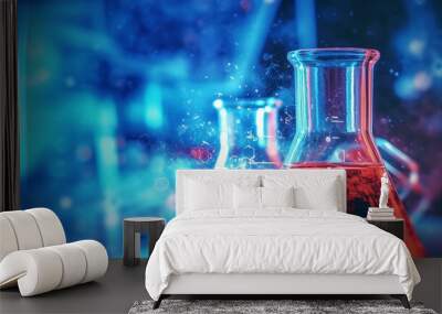 laboratory glassware in laboratory, blue red glass flask vial and chemical structure in research medical science technology background Wall mural