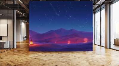 Lanterns in the desert under starry night sky with mosque and crescent moon - Ramadan Kareem illustration Wall mural