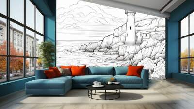 Lighthouse landscape coloring page for adults - serene mountain and ocean scenery with sun, rocks, and zentangle patterns for relaxation and creativity Wall mural