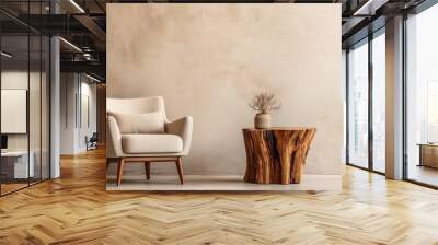 Modern and cozy living room with fabric lounge chair, wood stump side table, and beige stucco wall. Rustic minimalist interior design concept with copy space. Wall mural