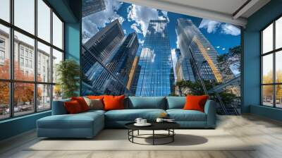 Modern urban marvel: gleaming glass facades of skyscrapers and corporate towers in the business district Wall mural