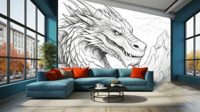 Monochrome dragon illustration for coloring - fantasy creature line art on white background Wall mural