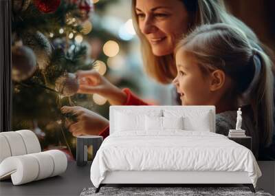 Mother and daughter enjoying quality time together while decorating a Christmas tree Wall mural