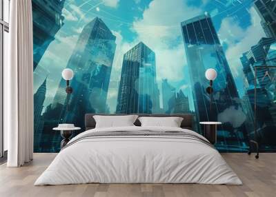 Multi-exposure of abstract digital world map hologram overlaying New York City skyscrapers, representing global research and analytics concepts Wall mural