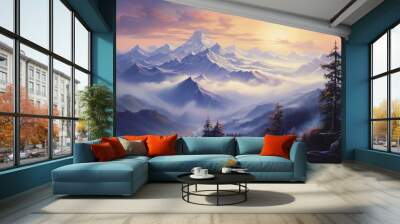 Oil painting of a mountain landscape with sunrise colors and shadows Wall mural