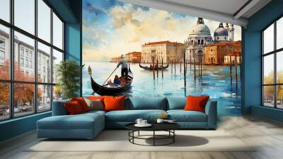 Painting of venice canal with gondolas and colorful buildings in a romantic style Wall mural