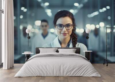 Portrait of a confident female researcher in a white lab coat and glasses, working in a modern medical science laboratory with a team of specialists in the background Wall mural