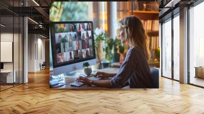 Remote hybrid work and telecommuting setup with businesswoman on laptop in a home office for virtual team collaboration and teleconference meeting with coworkers Wall mural