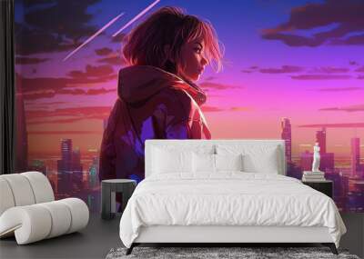 Retro-Futuristic wonder: anime girl stands amidst neon cityscape at vibrant sunset in digital artwork, wallpaper, Generative AI Wall mural