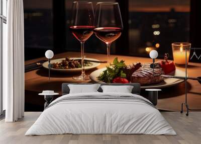 Romantic dinner for two with grilled steaks, roasted vegetables, and red wine on a wooden table Wall mural