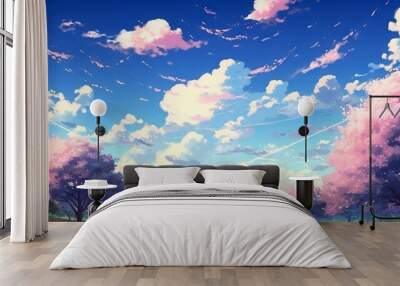 Sakura blossoms and clouds in anime style: a wide angle view of a Japanese landscape Wall mural