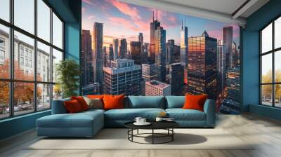 Sunset silhouettes: majestic urban skyline and soaring skyscrapers reflecting the vibrant economic pulse and architectural grandeur of the city Wall mural