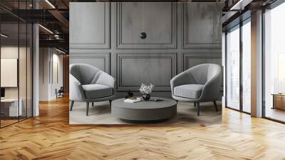 Two Grey Lounge Chairs and Round Coffee Table Against Grey Paneled Wall. Minimalist Modern Living Room Design. Wall mural