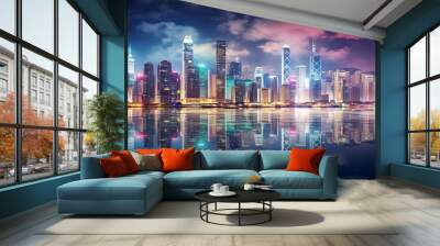 Vibrant city skyline at night: captivating 4K wallpaper with colorful lights and dynamic urban atmosphere, city skyline at night, Generative AI Wall mural