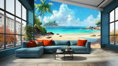 Vibrant summer beach illustration with a bright, sunny backdrop featuring waves, sand, and palm trees, evoking a tropical and lively atmosphere Wall mural