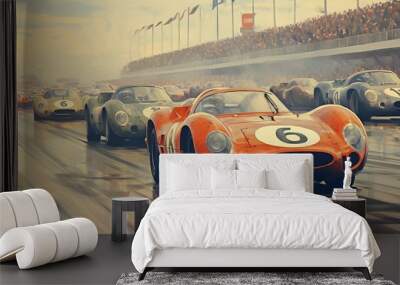 vintage picture of a formula 1 race Le mans France, car on the road Wall mural