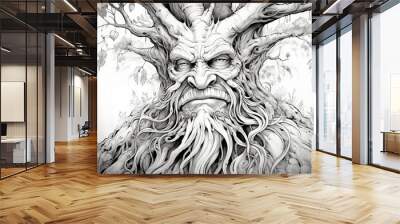 Whimsical tree character line art for coloring - serene nature scene illustration Wall mural