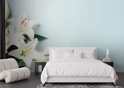 White lily flower on matching background with copy space - beauty spa wellness natural cosmetics concept Wall mural