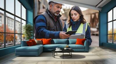 Woman engineer and construction worker collaborating on building project using tablet device Wall mural