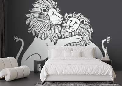 Black and white line art illustration of two lions playing together. With black background. Good for coloring book design Wall mural