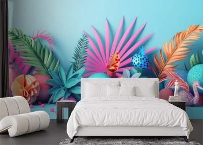 Colorful 3D tropical foliage abstract shapes light blue background vibrant hues Wall mural