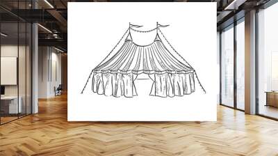 A line drawn circus tent in black and white with flags on the top and two tops. Hand drawing Wall mural