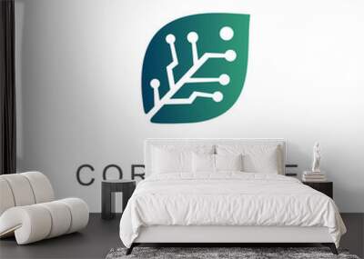 green technology logo, leaf with electronic circuit icon Wall mural