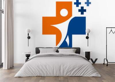 people inside medical cross symbol, healthy and human care logo, clinic and pharmacy icons Wall mural