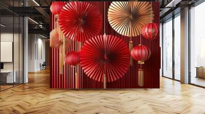 3D rendered Chinese New Year paper fan medallion decoration with volumetric lighting, perfect for festive celebration themes and glamorous magazine styles. Wall mural