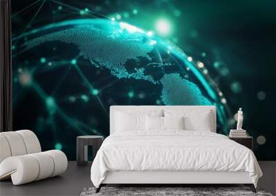 Abstract digital globe with connected lines representing global business. Glowing energy in futuristic blue and green tones symbolizes worldwide connectivity. Wall mural