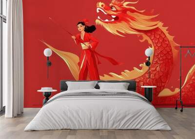 An illustration of a Chinese stilt performer on a red dragon for Lunar New Year and Lantern Festival, set against a solid color background, showcasing traditional performance art. Wall mural